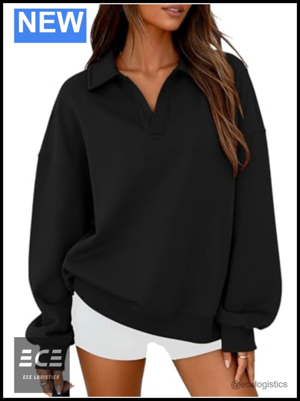 Oversized Polo V Neck Fleece Sweatshirt Cotton Blend Womens